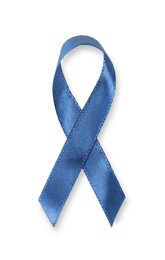 Photo of Dark blue ribbon isolated on white, top view. Prostate cancer awareness