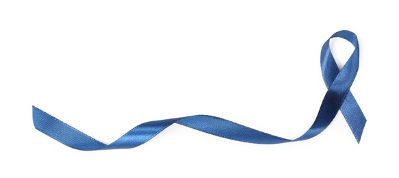 Photo of Dark blue ribbon isolated on white, top view. Prostate cancer awareness