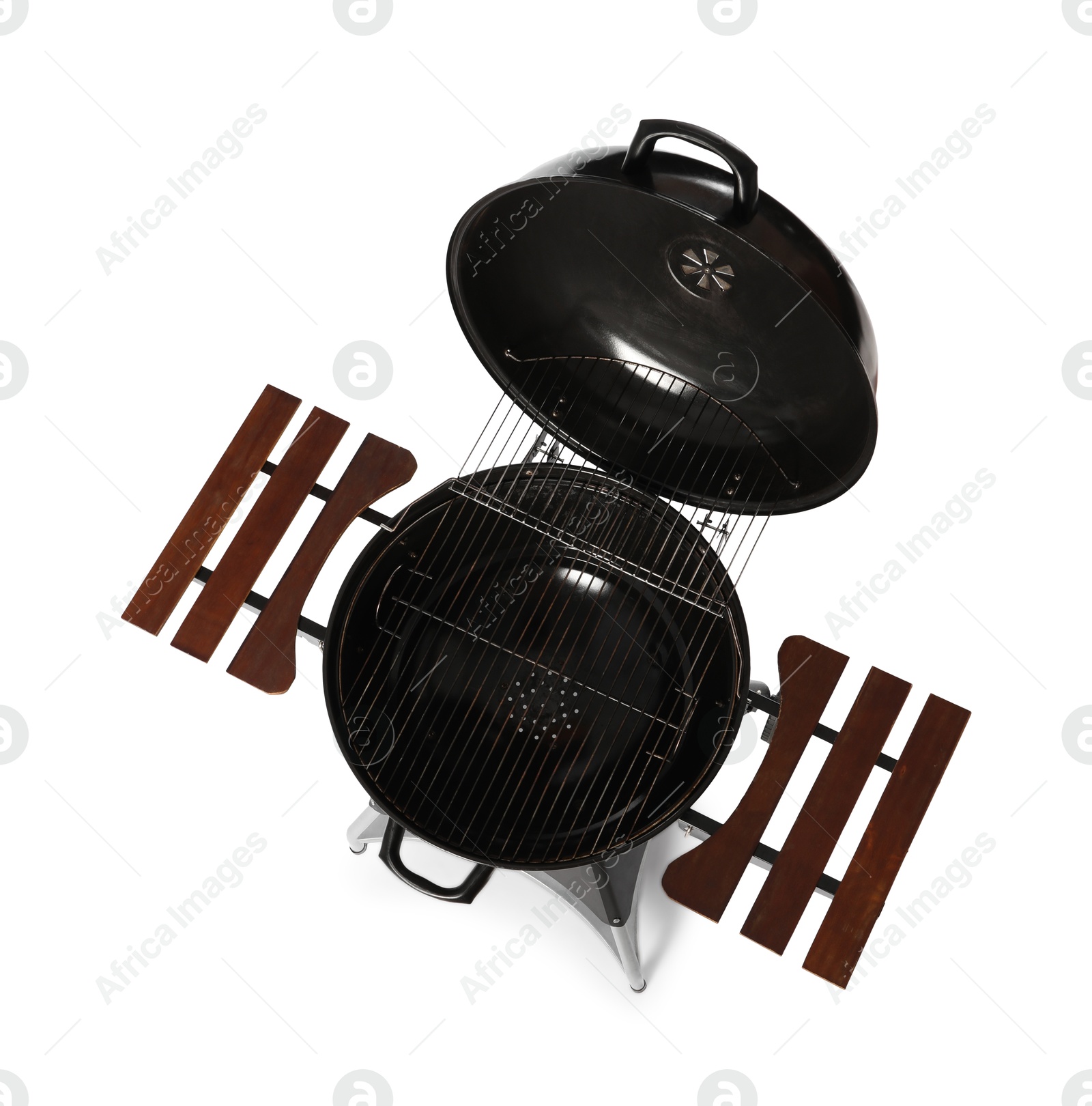 Photo of One black barbeque grill isolated on white, top view. Cooking appliance