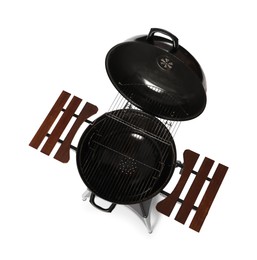 One black barbeque grill isolated on white, top view. Cooking appliance