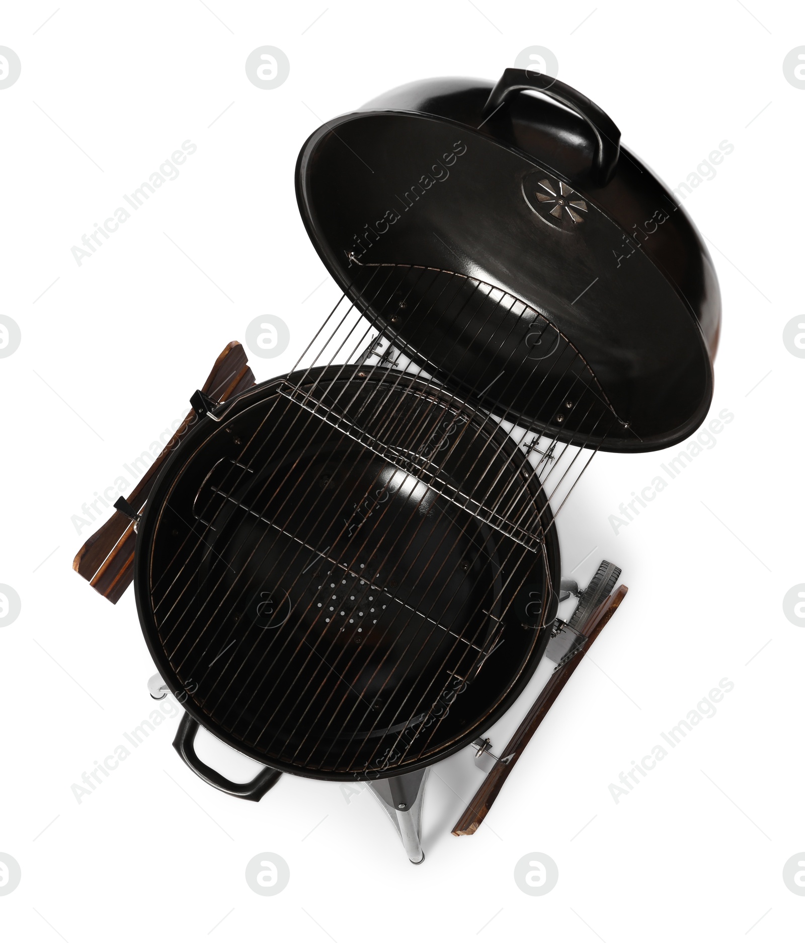 Photo of One black barbeque grill isolated on white, top view. Cooking appliance