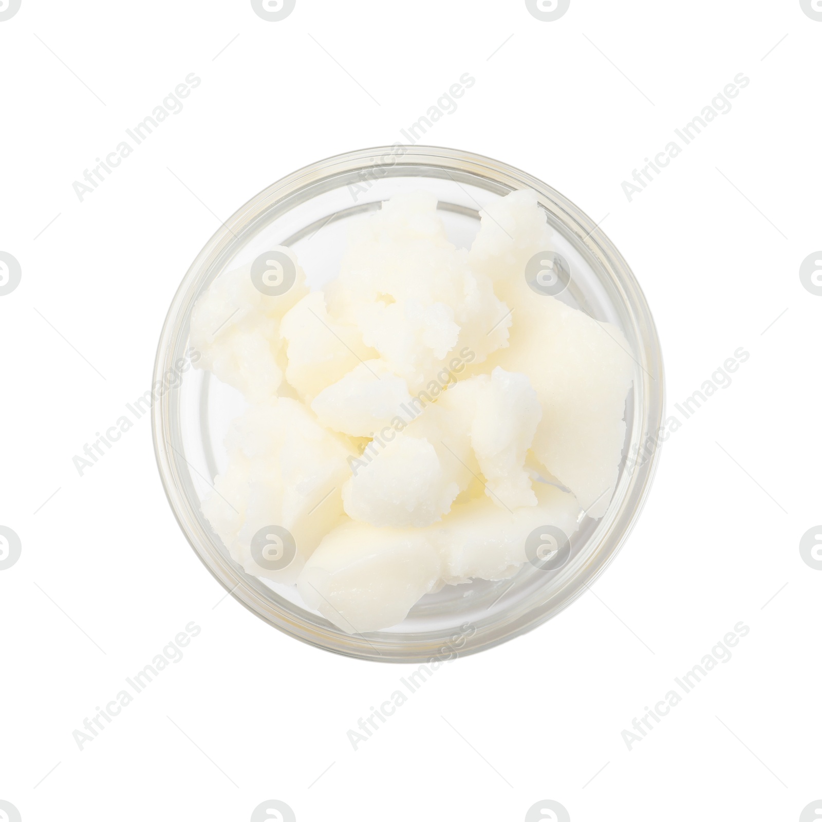 Photo of Shea butter in bowl isolated on white, top view