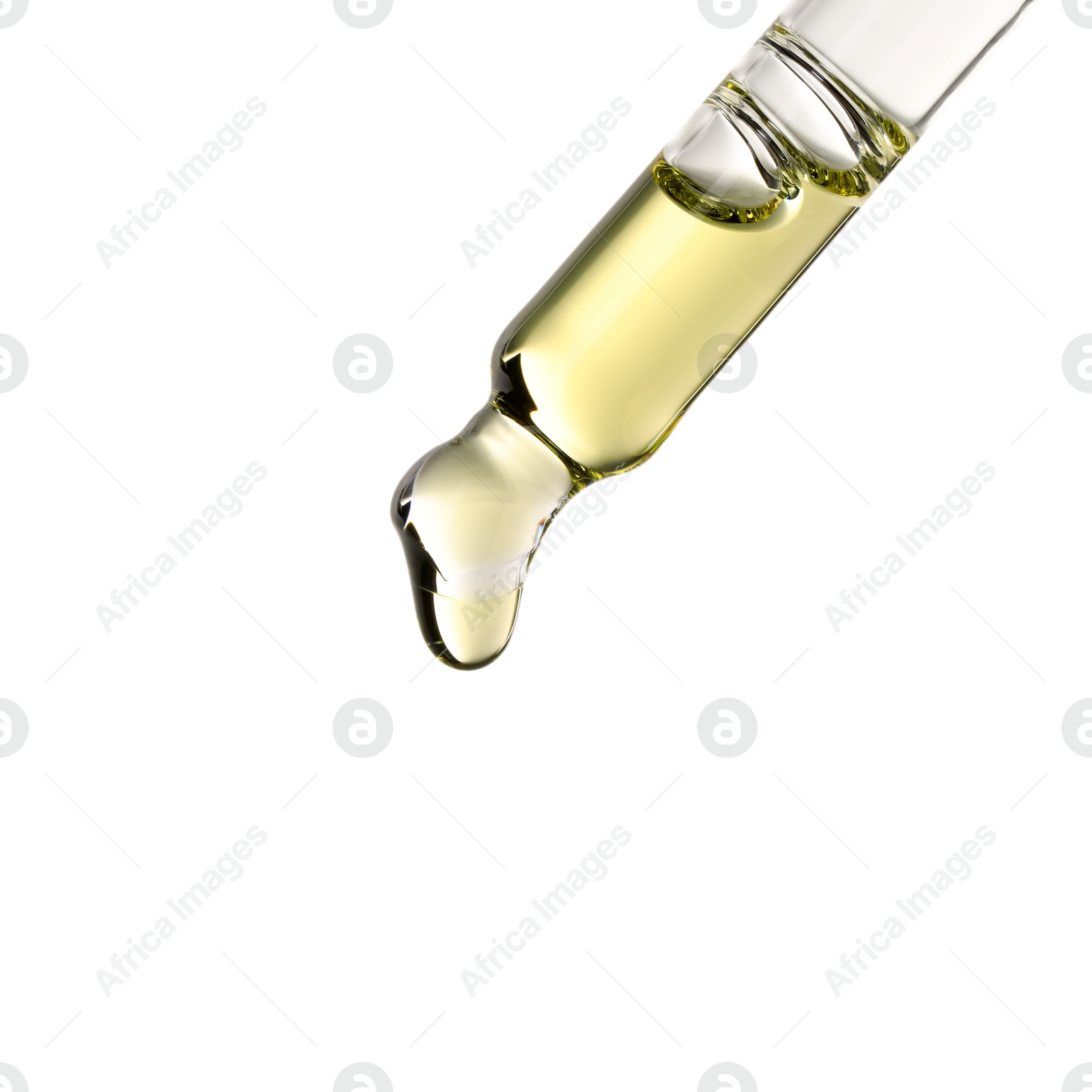 Photo of Essential oil dripping from pipette against white background