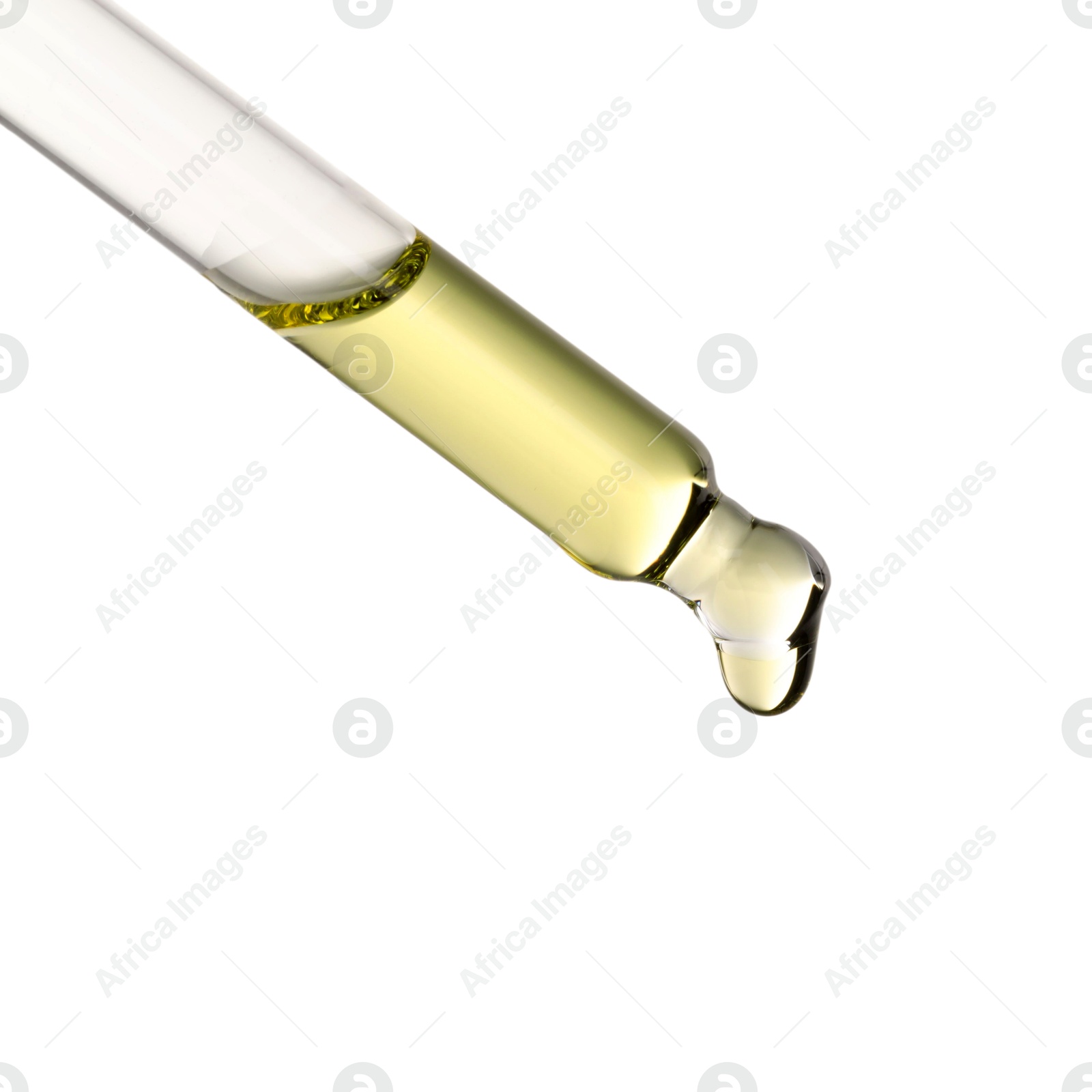 Photo of Essential oil dripping from pipette against white background