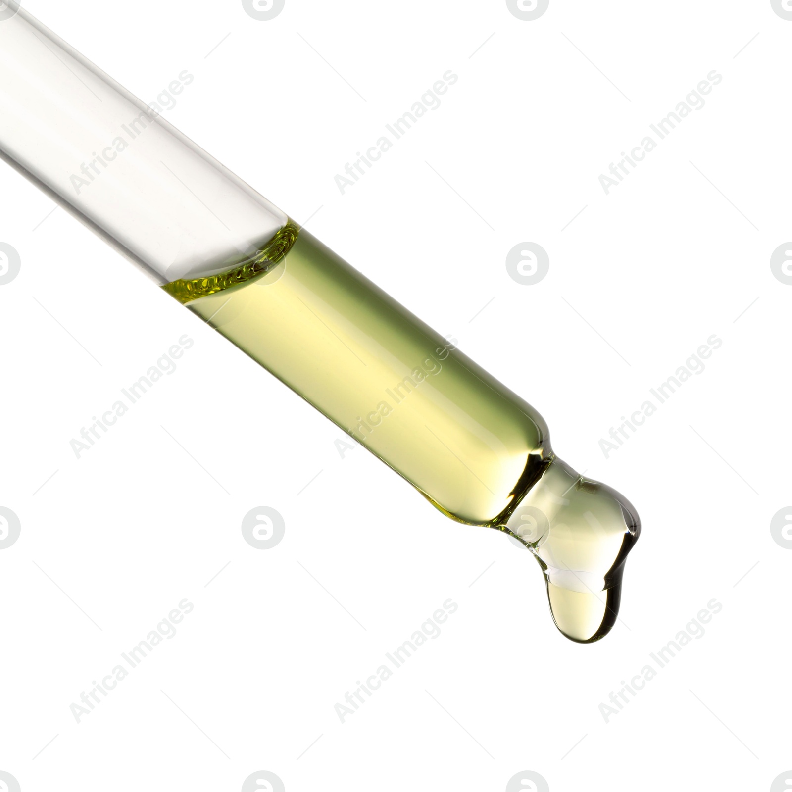 Photo of Essential oil dripping from pipette against white background