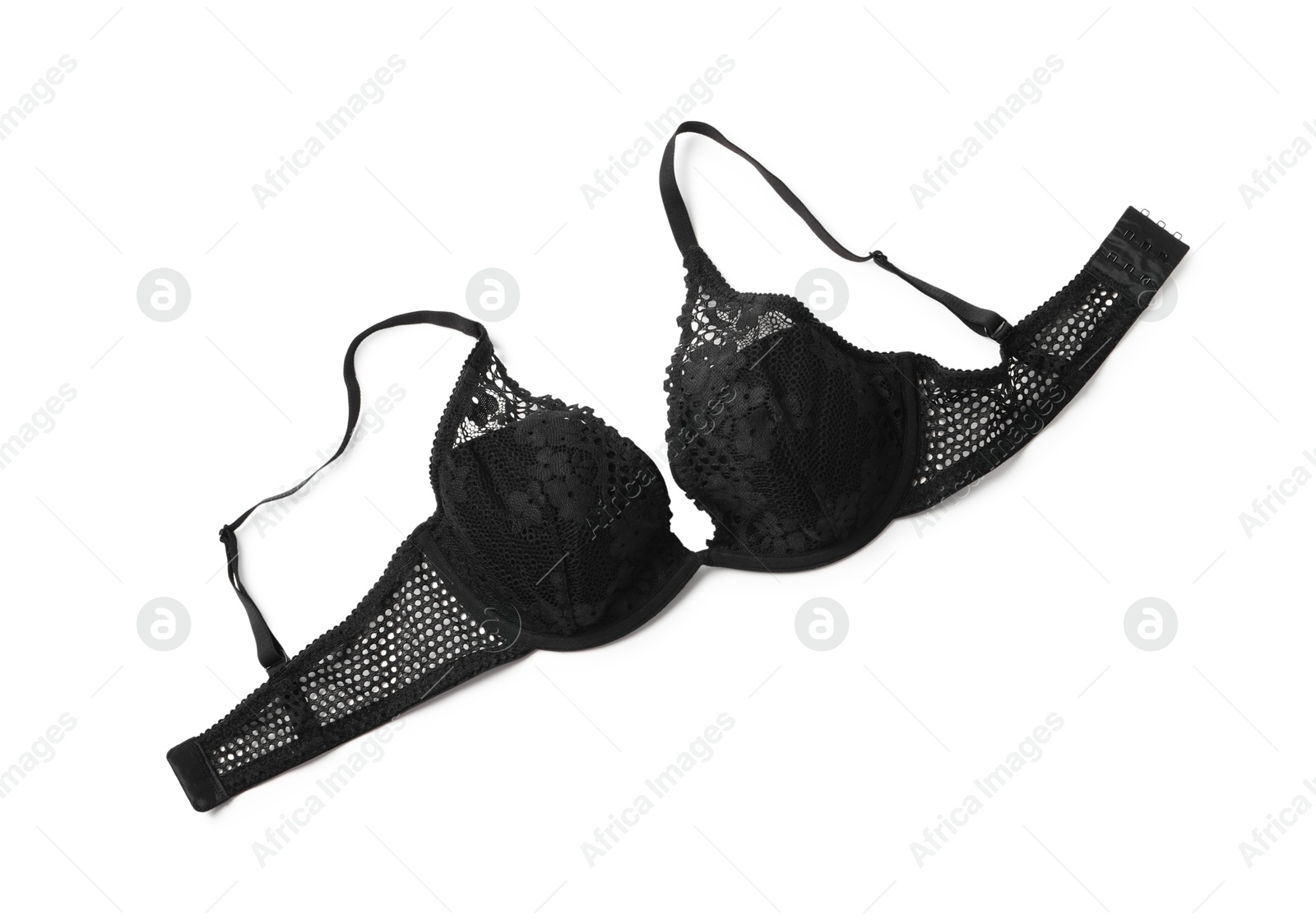 Photo of Elegant black lace women's underwear isolated on white, top view