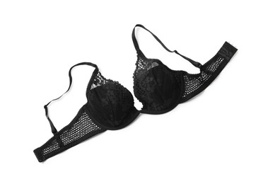 Photo of Elegant black lace women's underwear isolated on white, top view