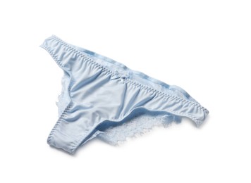 Photo of Elegant light blue lace women's panties isolated on white