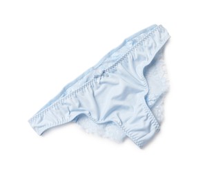 Photo of Elegant light blue lace women's panties isolated on white, top view