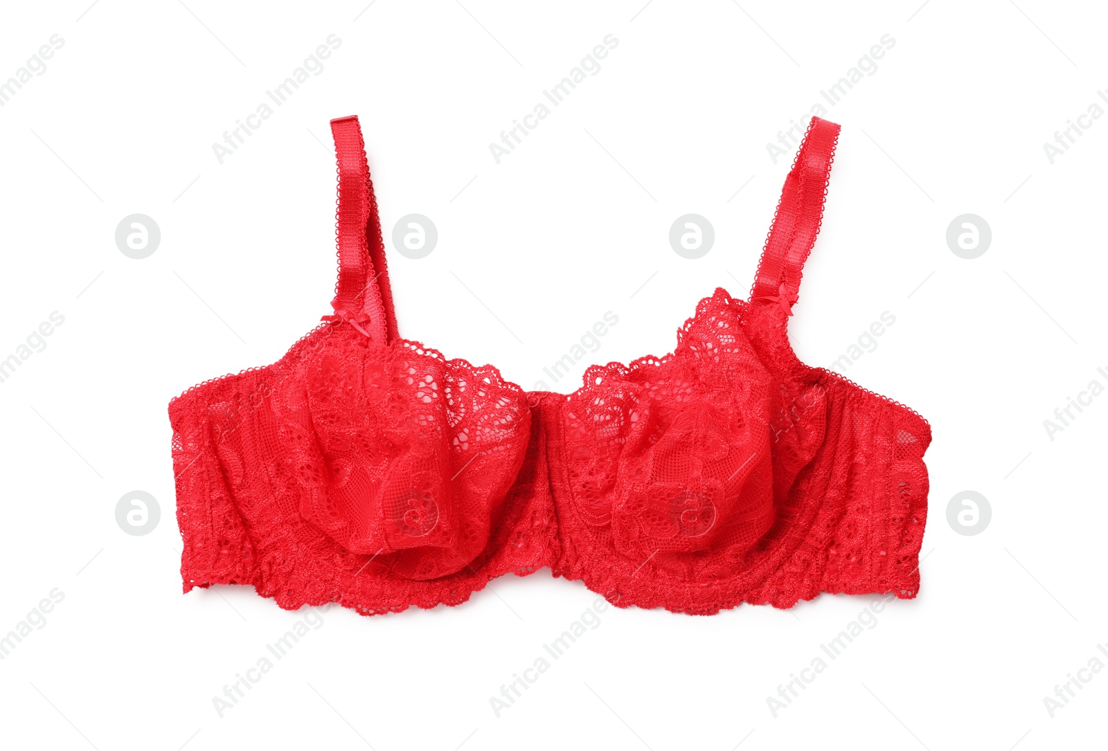 Photo of Elegant red lace women's underwear isolated on white, top view