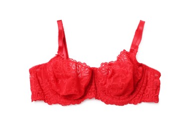 Elegant red lace women's underwear isolated on white, top view