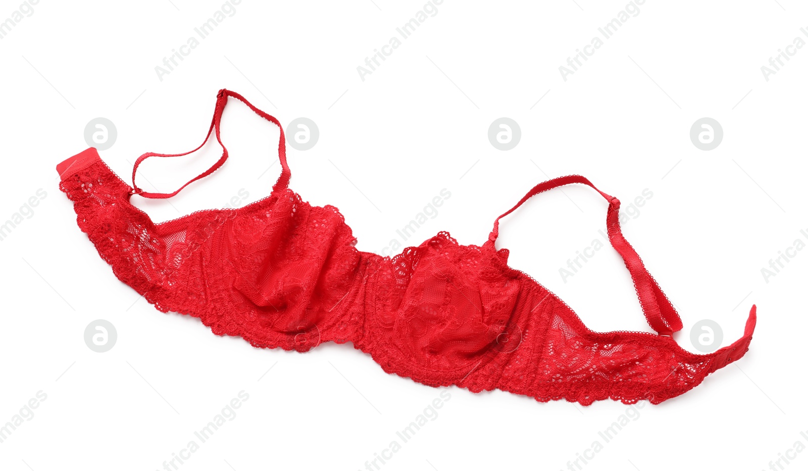 Photo of Elegant red lace women's underwear isolated on white, top view