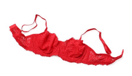 Photo of Elegant red lace women's underwear isolated on white, top view