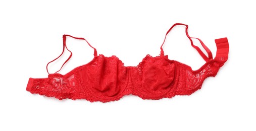 Photo of Elegant red lace women's underwear isolated on white, top view