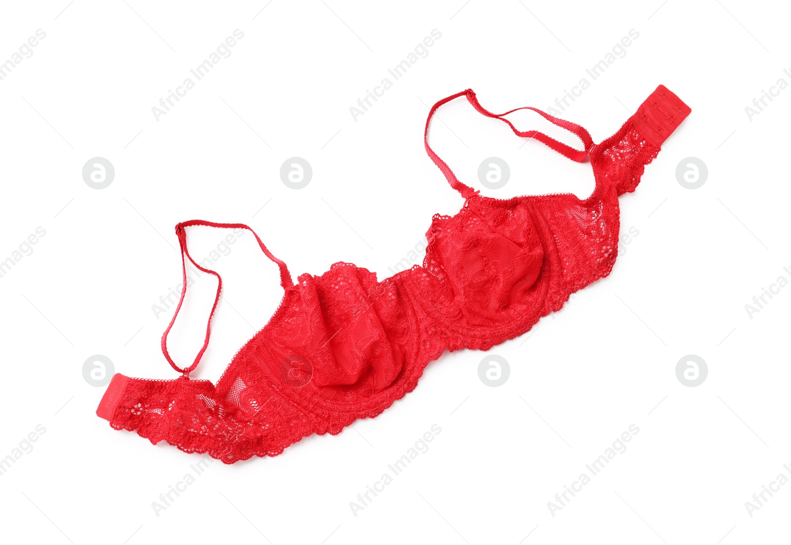 Photo of Elegant red lace women's underwear isolated on white, top view