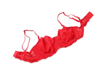 Elegant red lace women's underwear isolated on white, top view