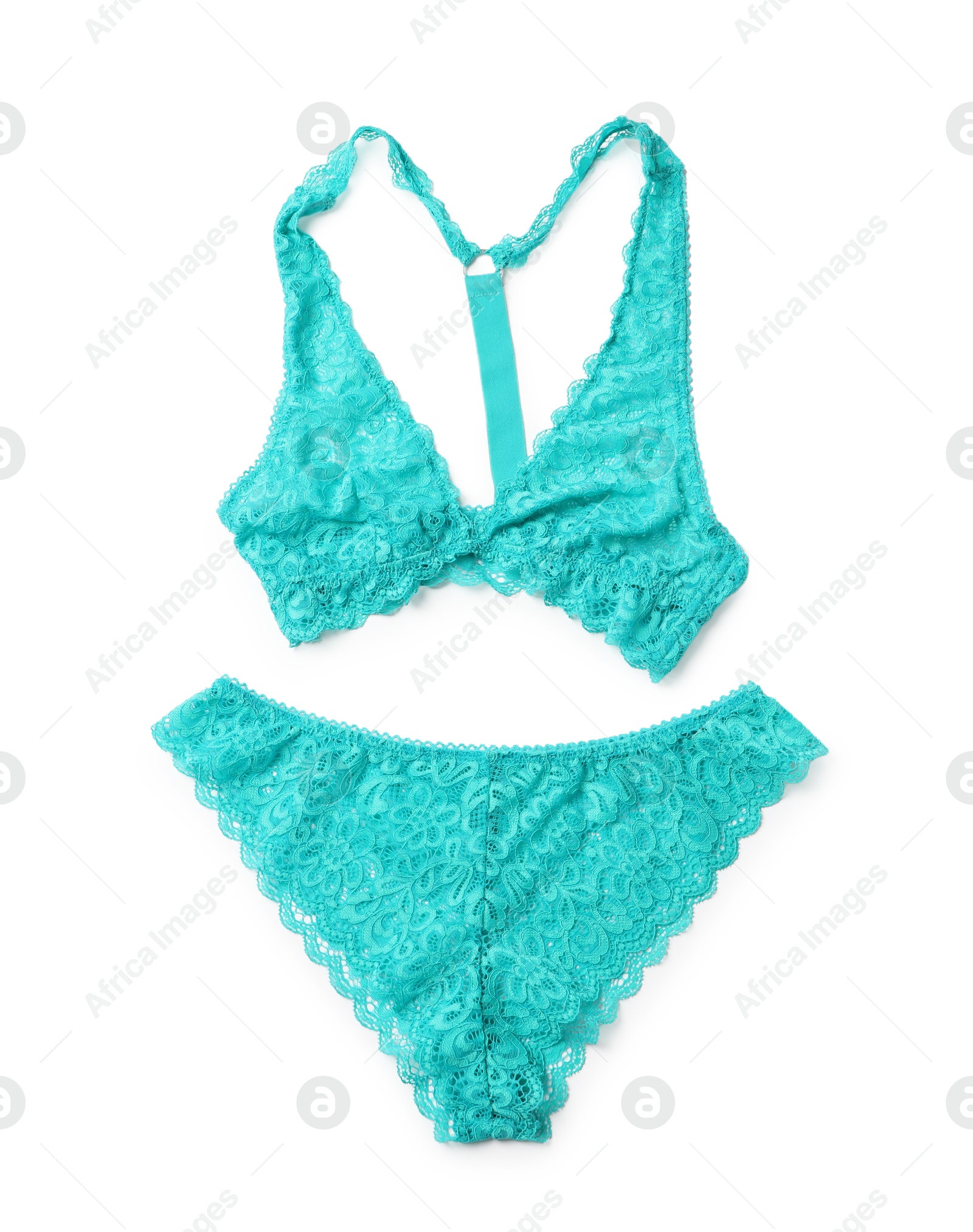 Photo of Elegant turquoise lace women's underwear on white background, top view