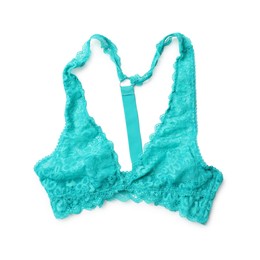 Elegant turquoise lace women's underwear isolated on white, top view