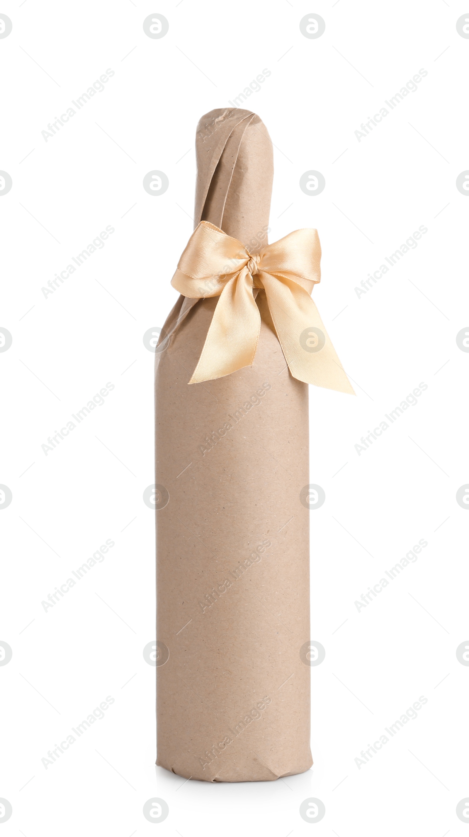 Photo of Wine packed bottle with ribbon isolated on white