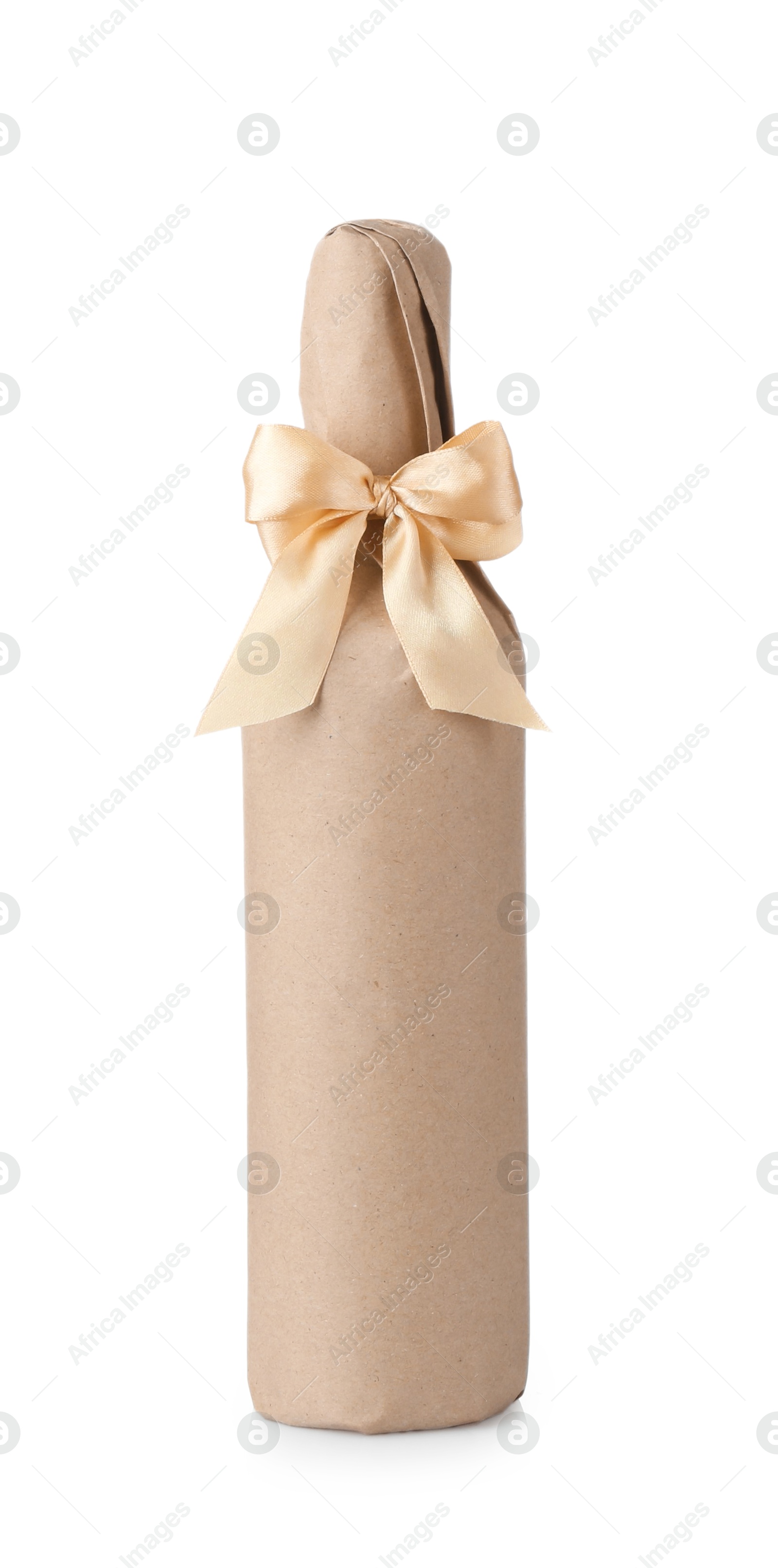 Photo of Wine packed bottle with ribbon isolated on white