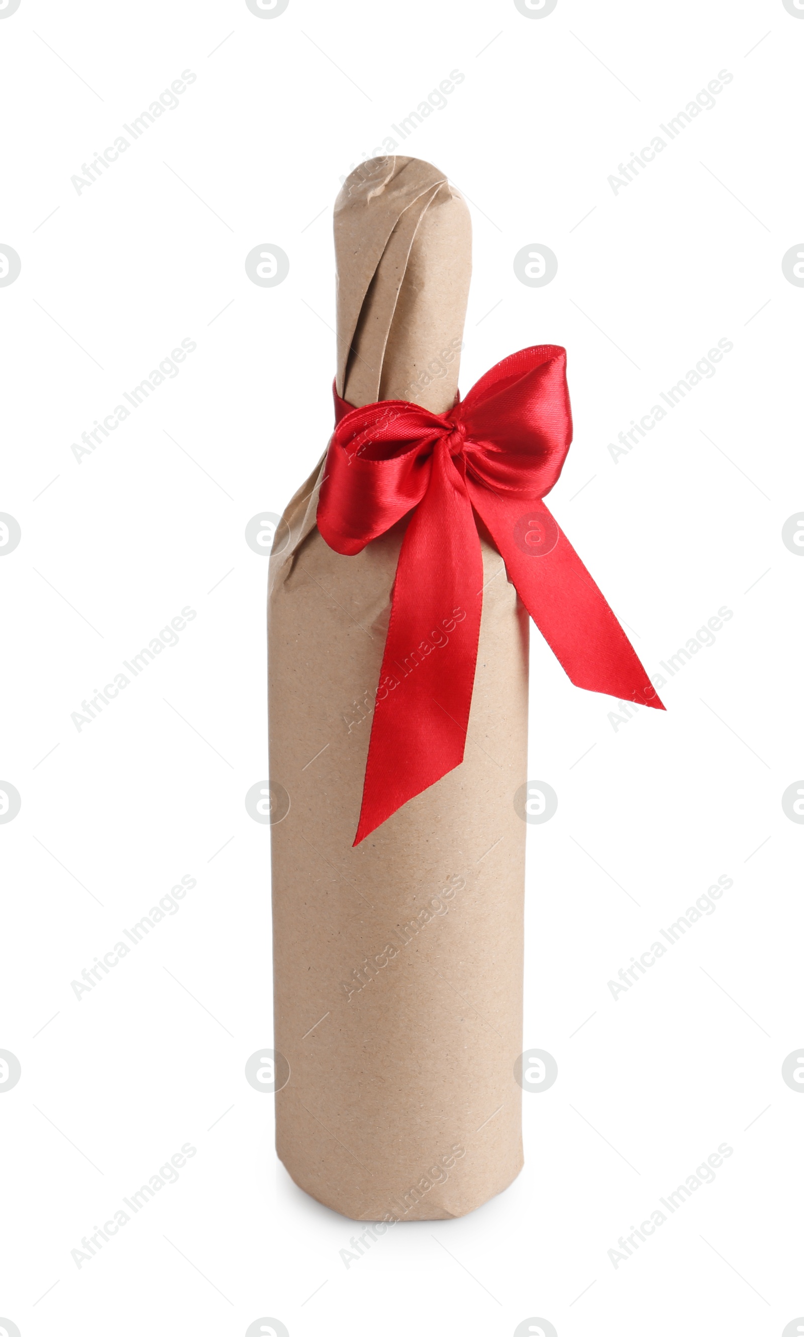 Photo of Wine packed bottle with red ribbon isolated on white