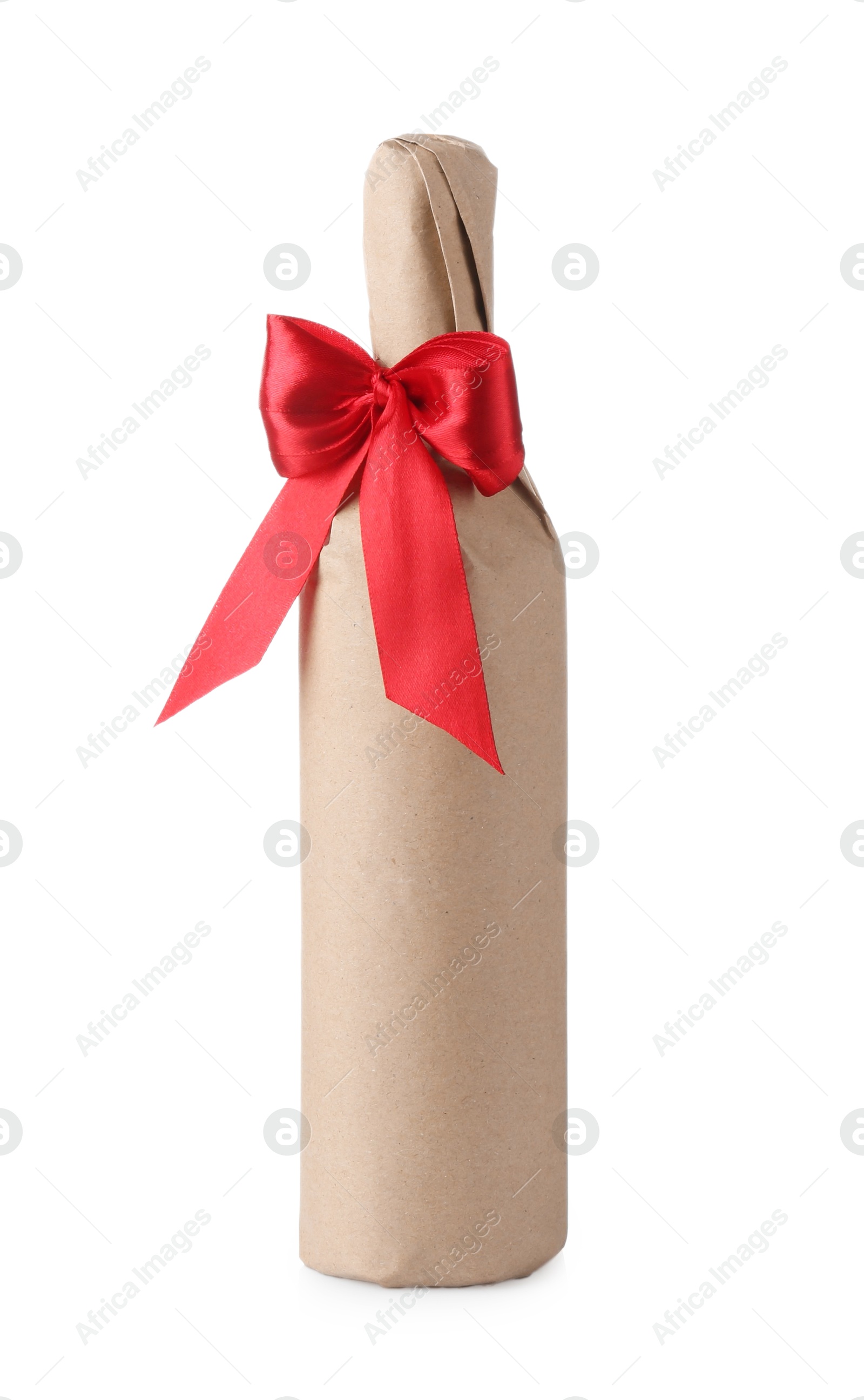 Photo of Wine packed bottle with red ribbon isolated on white