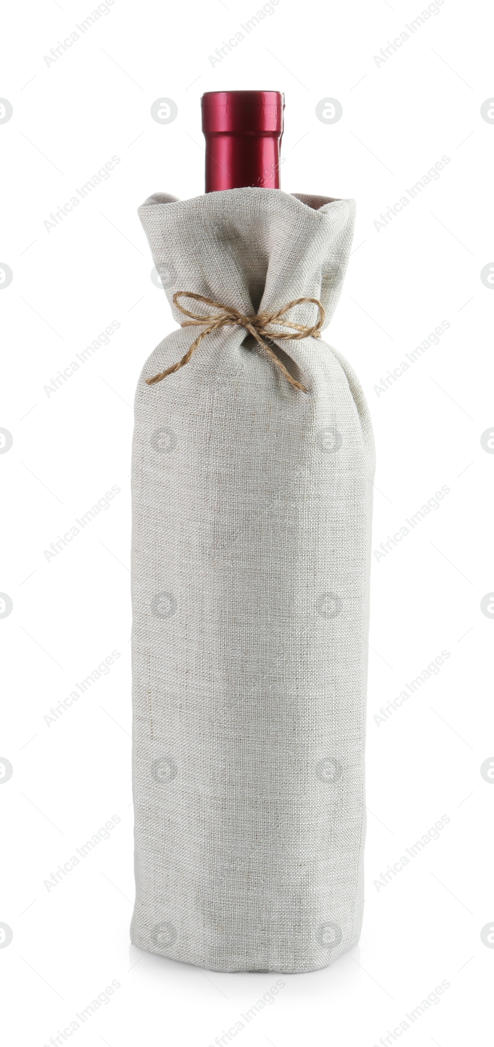 Photo of Wine bottle in burlap package isolated on white