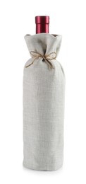 Photo of Wine bottle in burlap package isolated on white