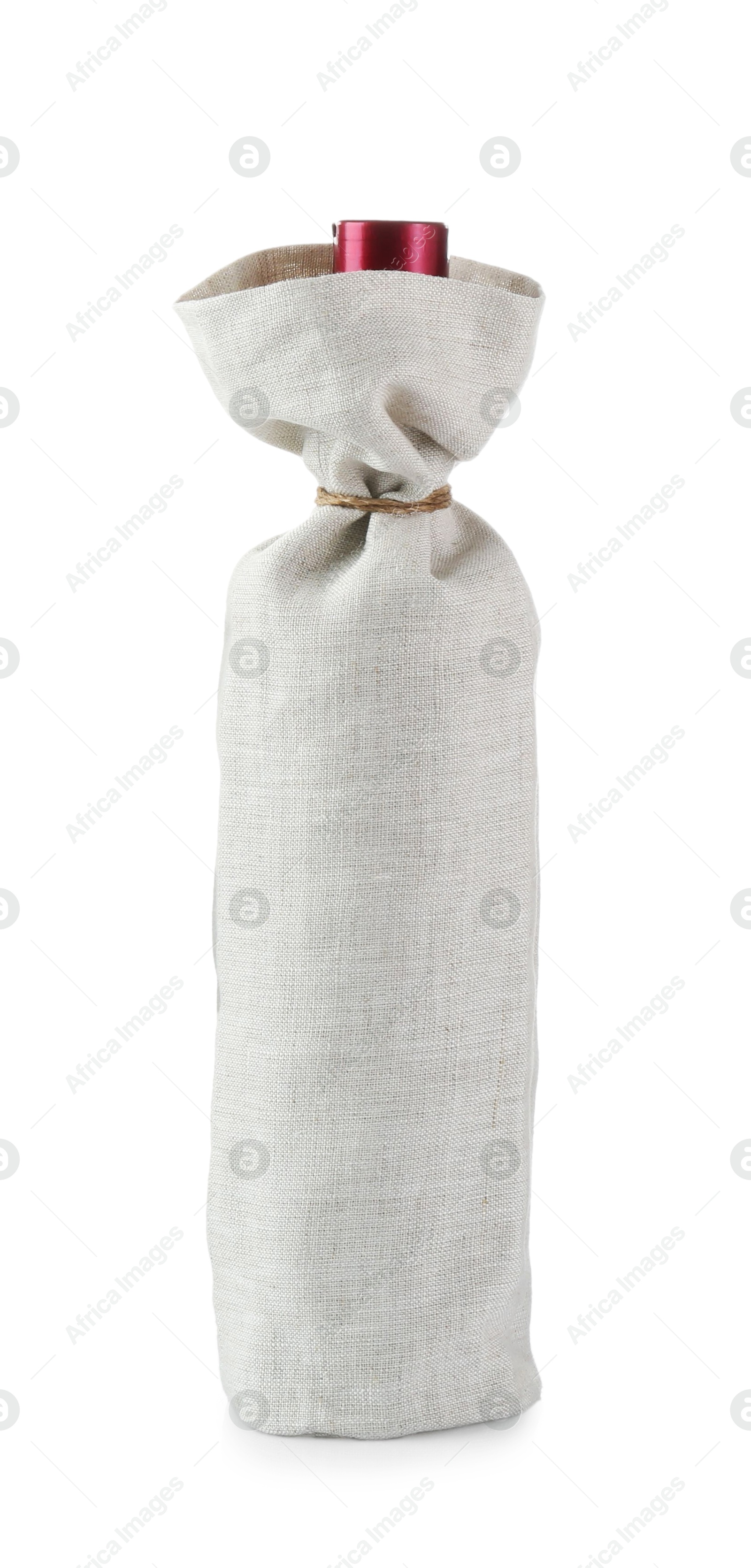 Photo of Wine bottle in burlap package isolated on white