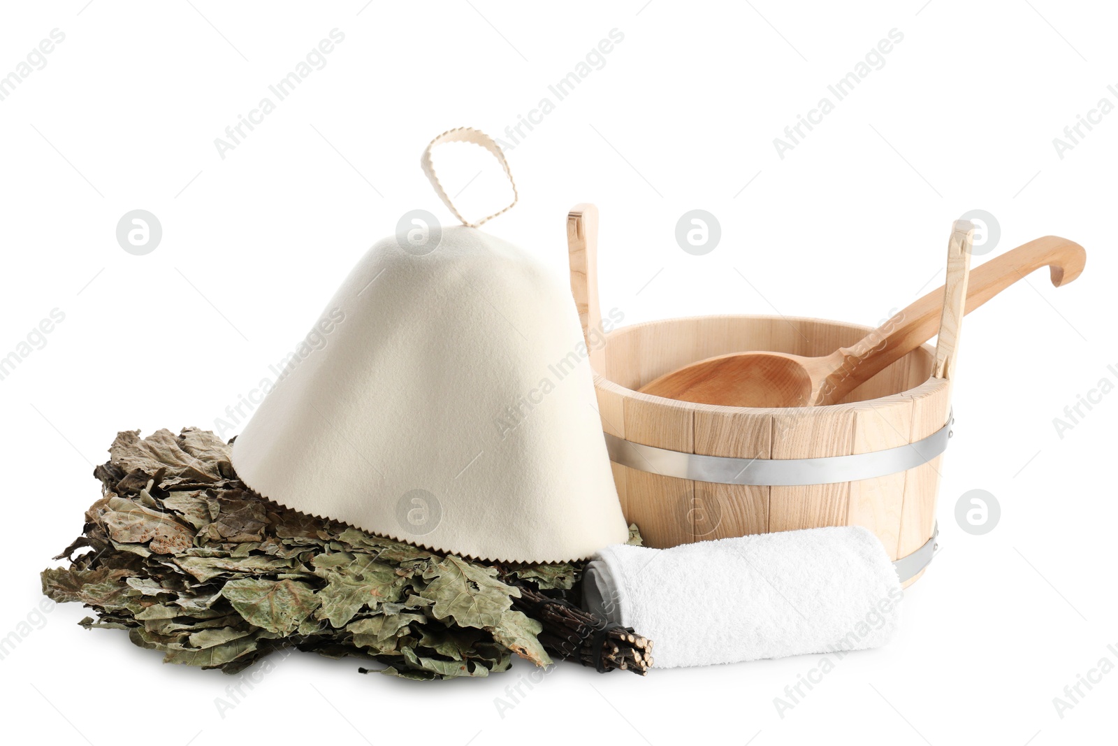 Photo of Sauna equipment. Wooden bucket with ladle, oak whisk, felt wool hat and towel isolated on white