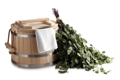 Sauna equipment. Wooden bucket, birch whisk and towel isolated on white