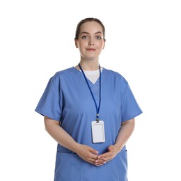 Photo of Professional nurse with badge on white background