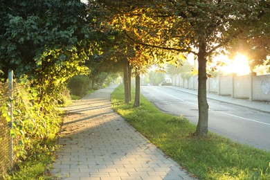 Photo of Beautiful view of city with trees and paved pathway in morning