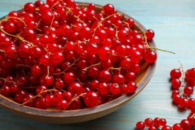 Photo of Fresh red currants in bowl on light blue wooden table, closeup