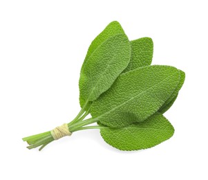 Photo of Bunch of green sage leaves isolated on white, top view