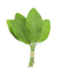 Photo of Bunch of green sage leaves isolated on white, top view