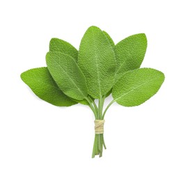 Photo of Bunch of green sage leaves isolated on white, top view