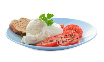 Photo of Delicious burrata cheese, tomatoes, parsley and bread isolated on white