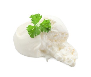 Photo of Delicious burrata cheese and parsley isolated on white