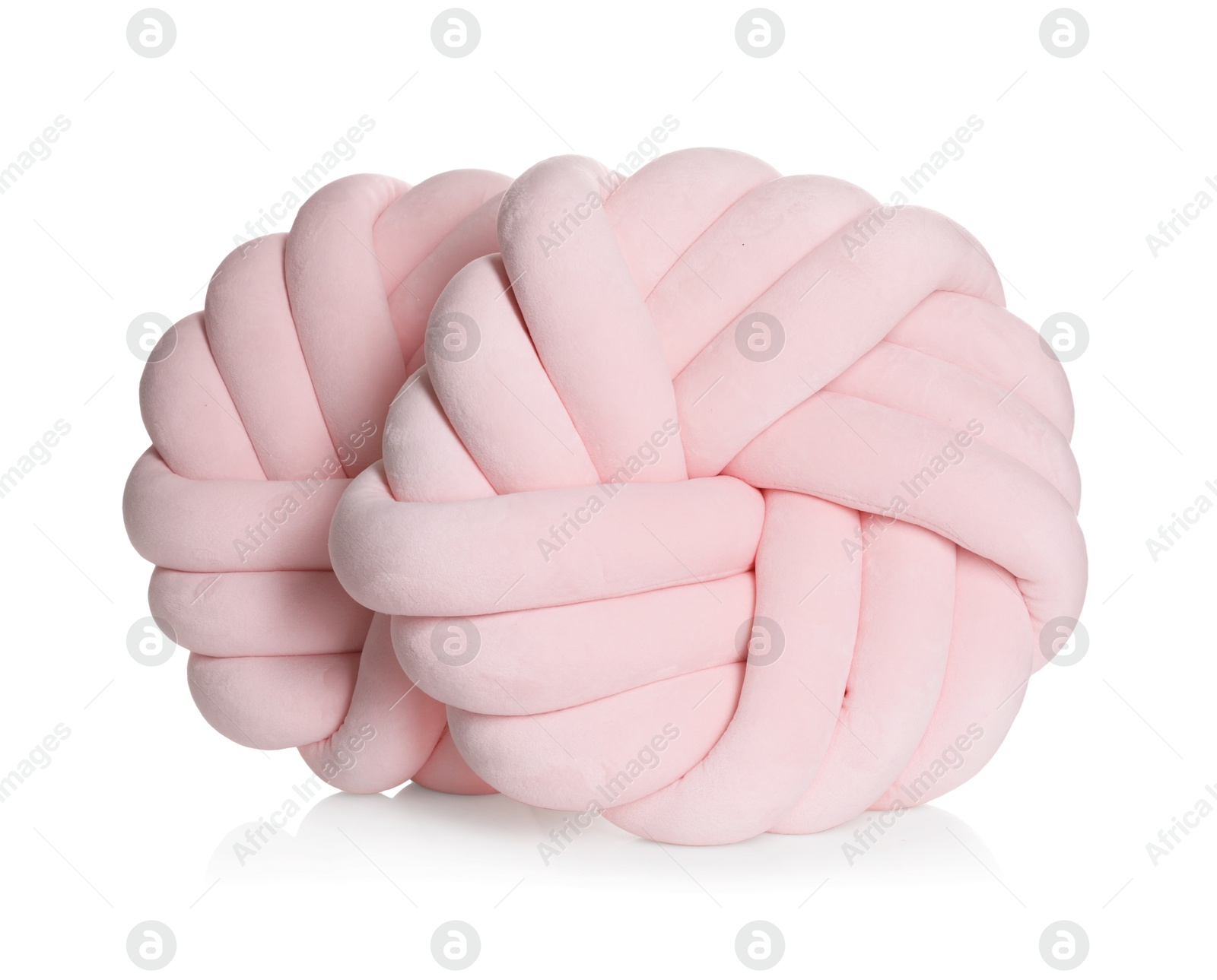 Photo of Pink cushions in shape of knot isolated on white