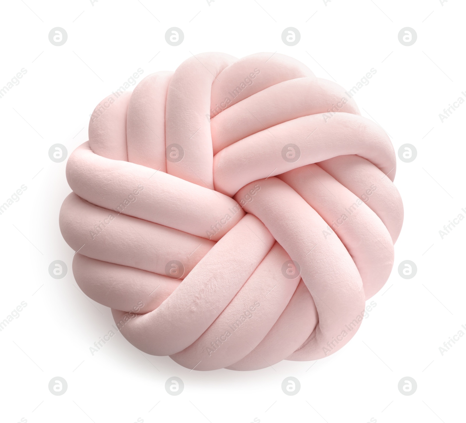 Photo of Pink cushion in shape of knot isolated on white, top view