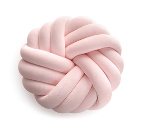 Pink cushion in shape of knot isolated on white, top view