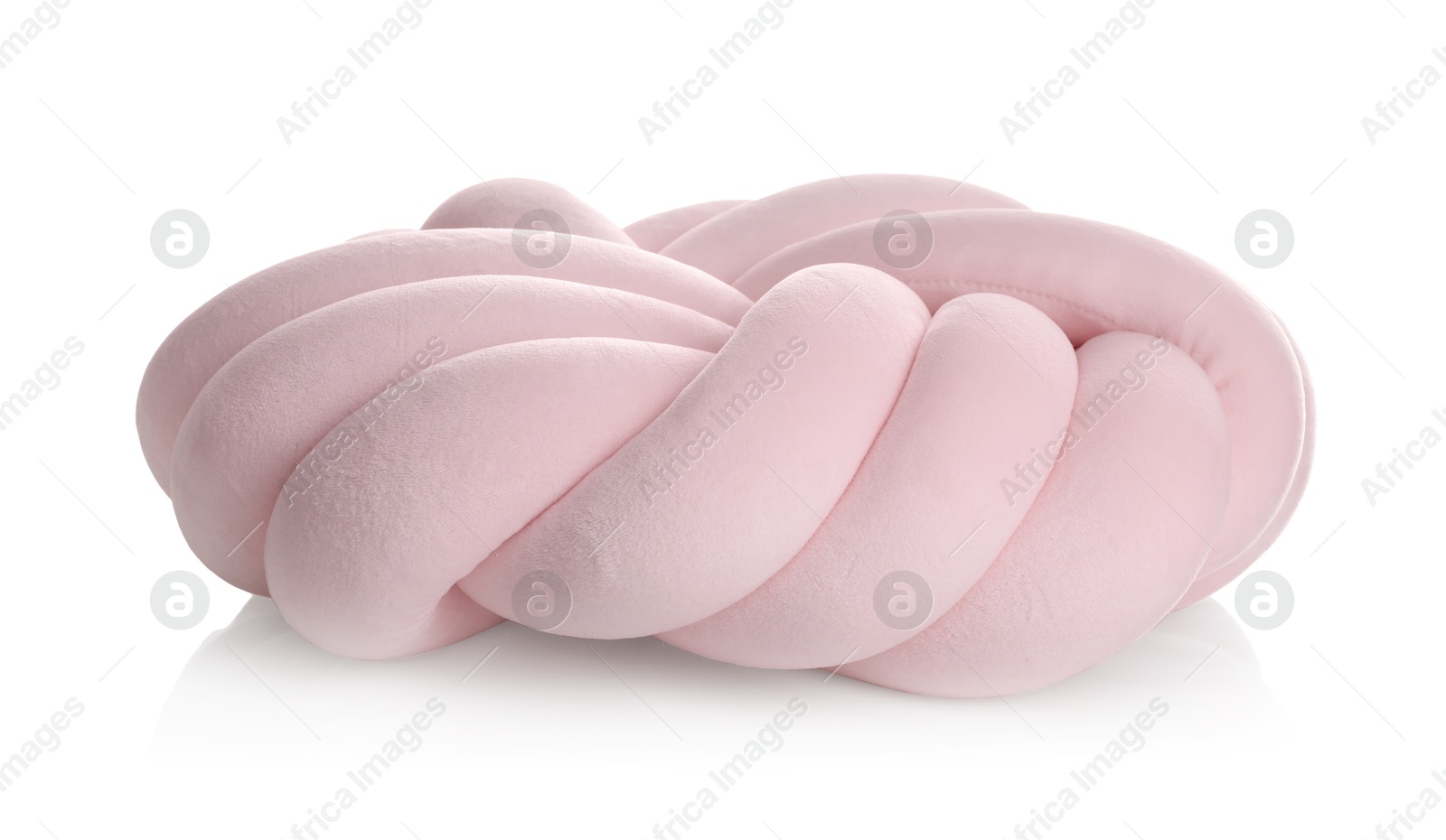 Photo of Pink cushion in shape of knot isolated on white