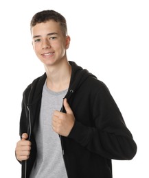 Photo of Portrait of teenage boy on white background