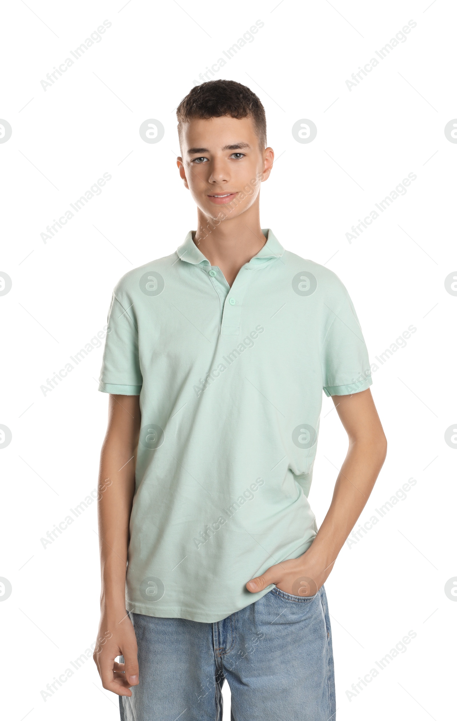 Photo of Portrait of teenage boy on white background