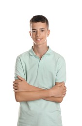 Portrait of teenage boy on white background