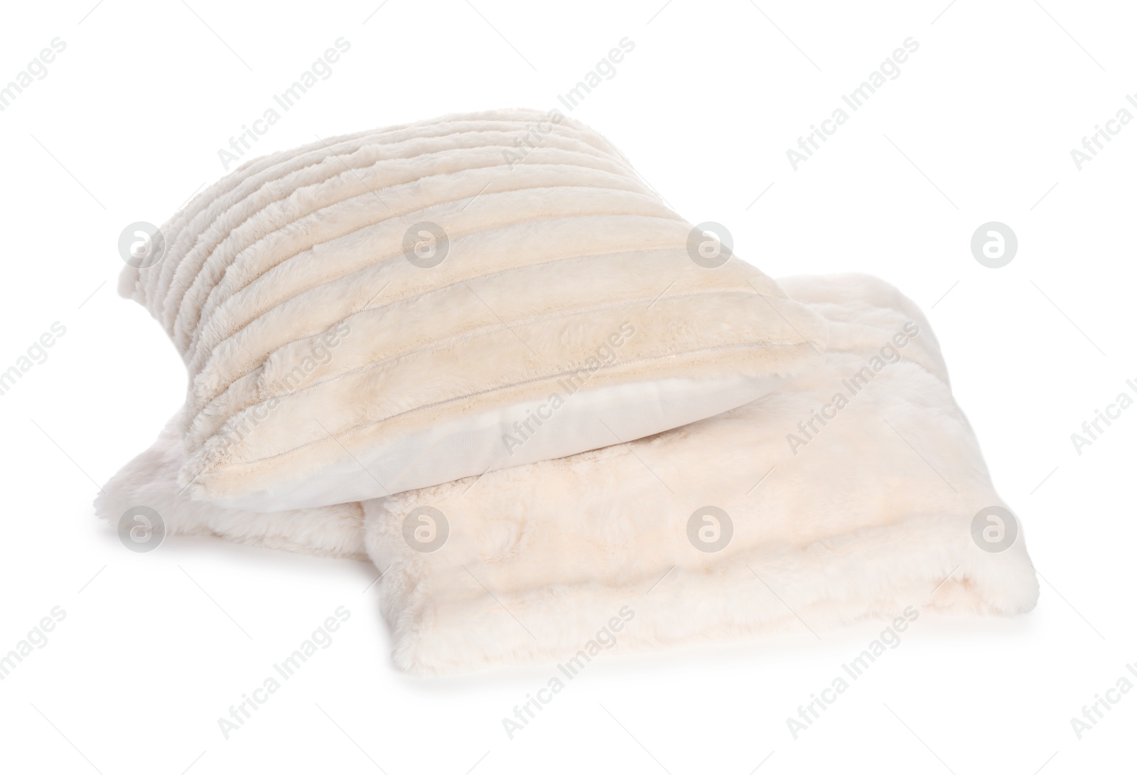 Photo of Soft light pillow and folded blanket isolated on white