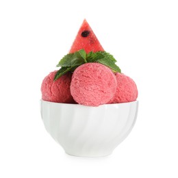 Photo of Scoops of tasty watermelon sorbet in bowl, fresh fruit and mint isolated on white