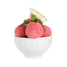 Photo of Scoops of tasty watermelon sorbet in bowl, fresh fruit and mint isolated on white