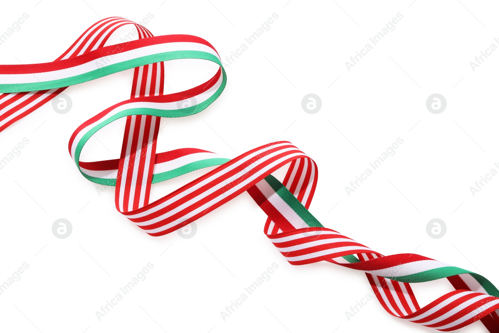 Photo of Two colorful striped ribbons isolated on white, top view